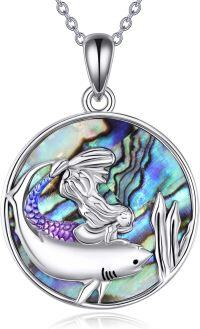 wholesale 925 Sterling Silver Round Abalone Shell Mermaid Pendant Necklace with Shark and Evil Eye Charm for Women-Mermaid Necklace
