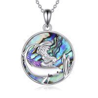 wholesale 925 Sterling Silver Round Abalone Shell Mermaid Pendant Necklace with Shark and Evil Eye Charm for Women-Mermaid Necklace