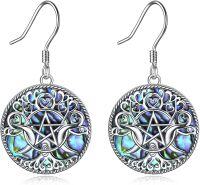 wholesale 925 Sterling Silver Abalone Shell Triple Moon Goddess Pentagram Drop Earrings Wiccan Jewelry for Women-Silver-Triple Moon Goddess Earrings