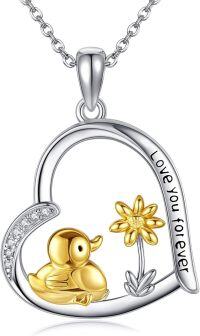 wholesale 925 Sterling Silver Love You Forever Pendant with Gold Duck and Flower Charm Necklace for Women Gifts-Duck