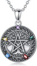 wholesale 925 Sterling Silver Pentagram Tree of Life Pendant Necklace with Multi-Colored Stones for Women Girls Christian Catholic Gifts 48 Chain Length-0-0