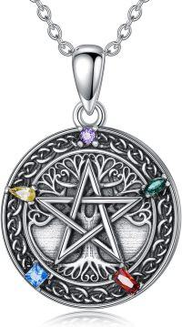 wholesale 925 Sterling Silver Pentagram Tree of Life Pendant Necklace with Multi-Colored Stones for Women Girls Christian Catholic Gifts 48 Chain Length-Tree of Life Pentagram Necklace