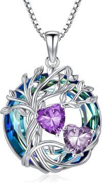 wholesale 18K White Gold Filled Sterling Silver Family Tree Pendant with 2 Heart Birthstones Blue Austrian Crystal Necklace for Women-02-06-Feb-Jun Birthstone