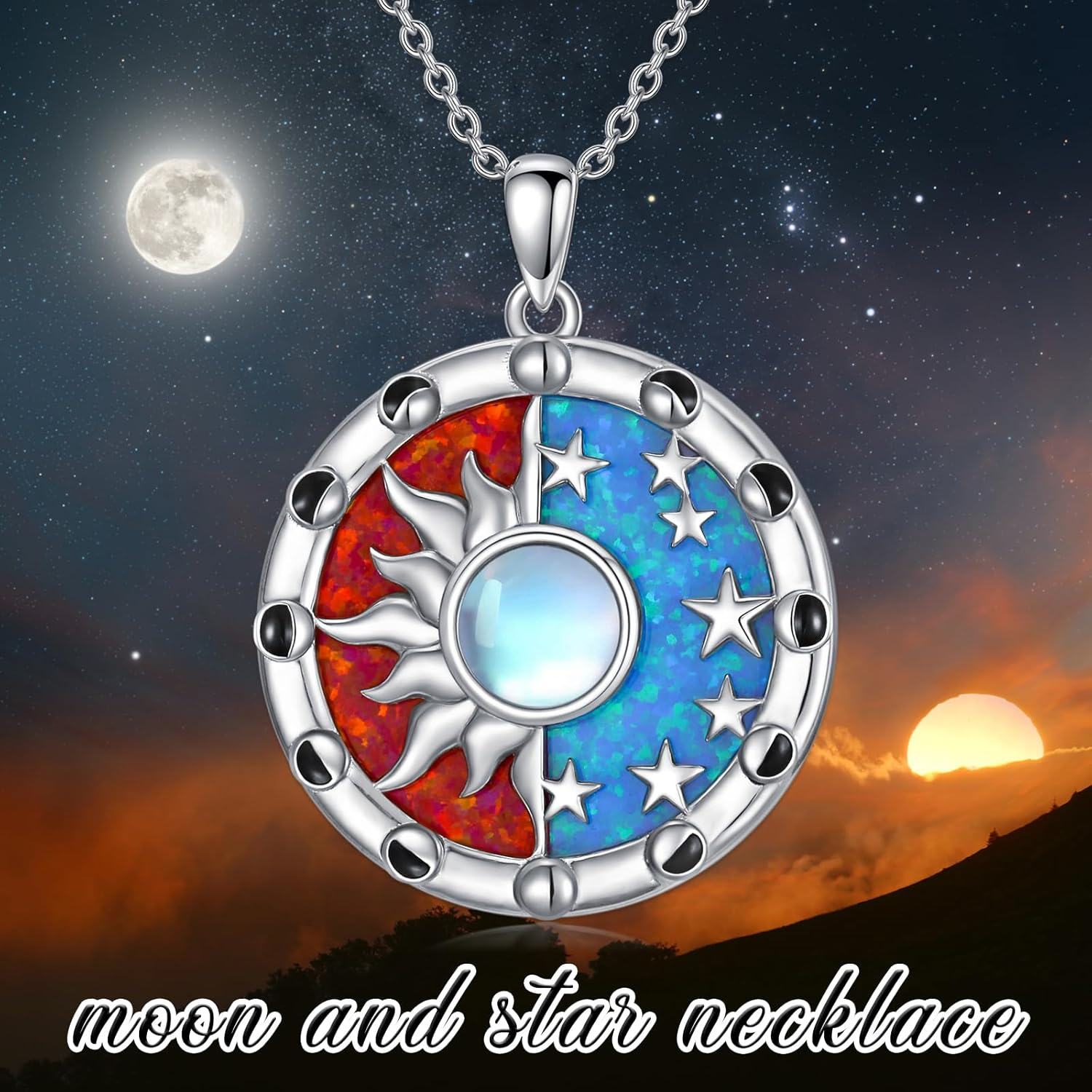 925 Sterling Silver Sun & Moon Opal Stone Pendant Necklaces for Women Gifts-0-5