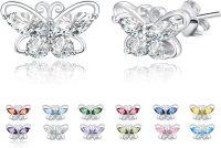 wholesale 925 Sterling Silver Cubic Zirconia 12 Birthstone Butterfly Stud Earrings-04-Apr.