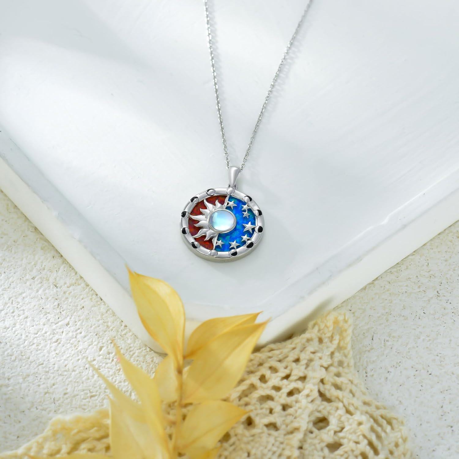 925 Sterling Silver Sun & Moon Opal Stone Pendant Necklaces for Women Gifts-0-4