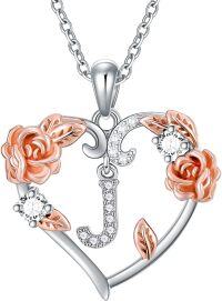 wholesale 925 Sterling Silver Rose Heart Initial Letter Pendant Necklace for Women Valentine's Day Gifts Mothers Day Christmas Birthday Jewelry Mom Wife Girlfriend-J