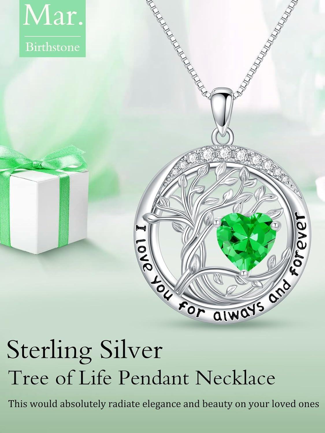 Sterling Silver Austrian Crystal Tree of Life Pendant Necklaces with Birthstone for Women-0-2