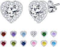 wholesale 925 Sterling Silver Cubic Zirconia 12 Birthstone Heart Stud Earrings-04-Apr.