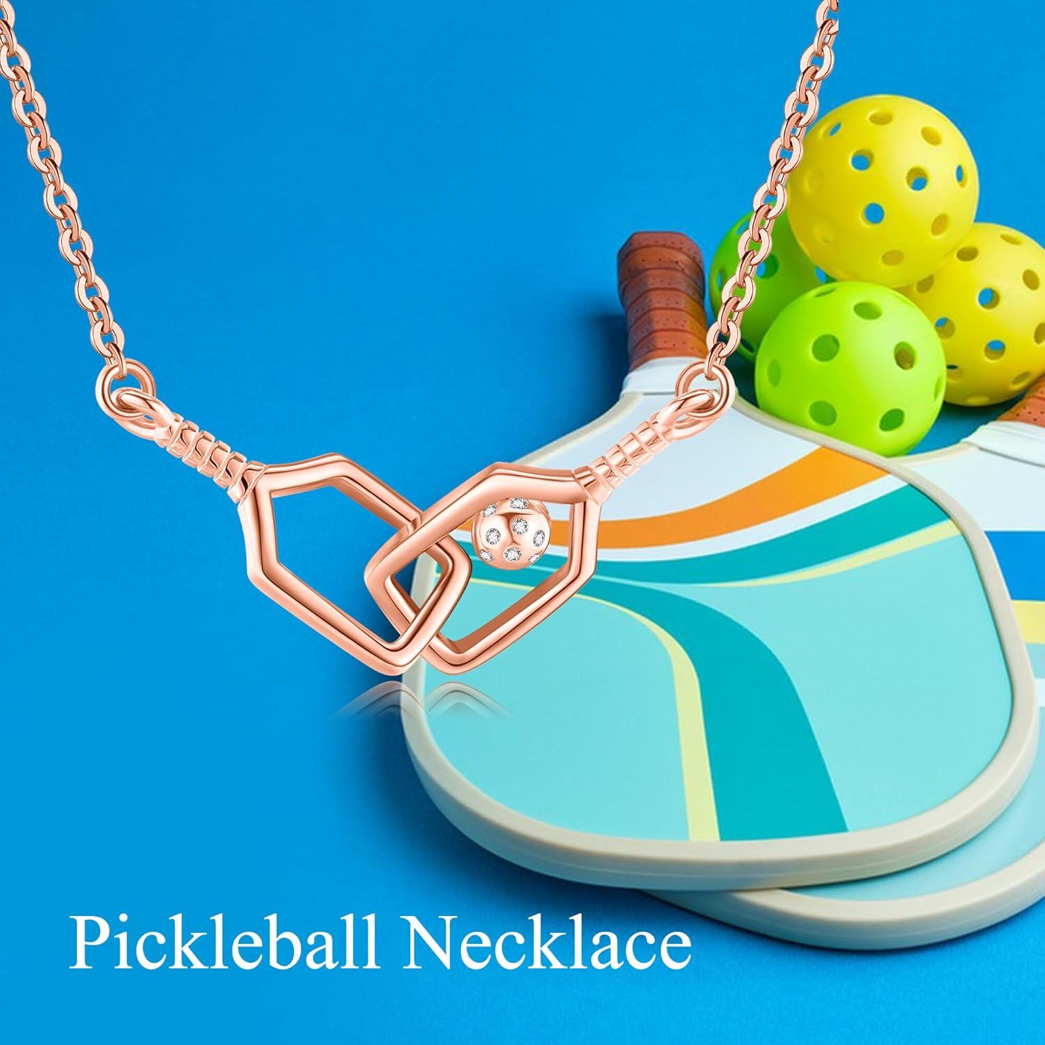 Rose Gold 925 Sterling Silver Pickleball Paddle & Ball Charm Necklace for Women-0-4