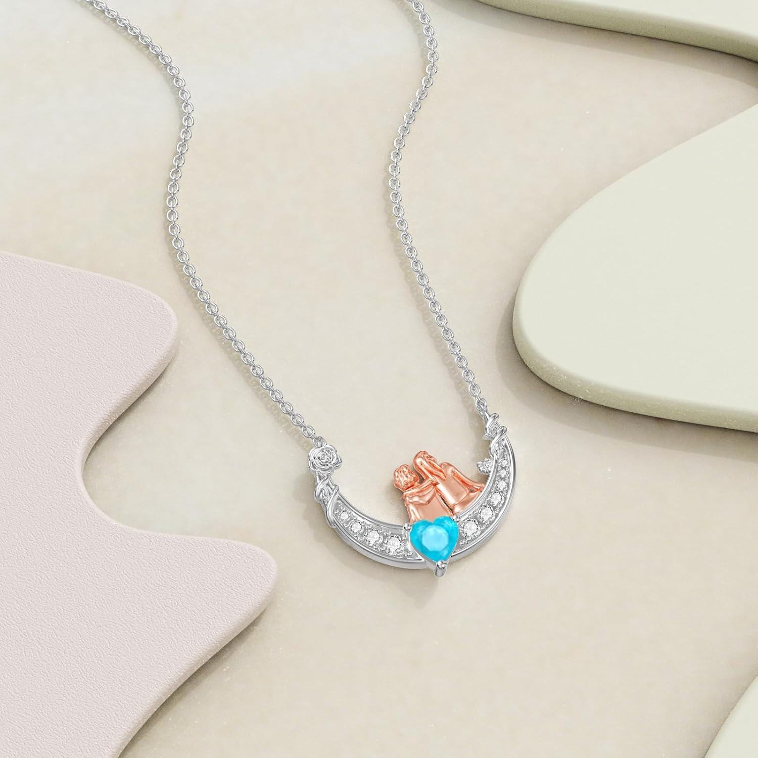 wholesale 925 Sterling Silver Moon & Couple Pendant Necklaces with Blue Heart Stone Gifts for Women/Mom/Grandma on Mothers' Day-0-2