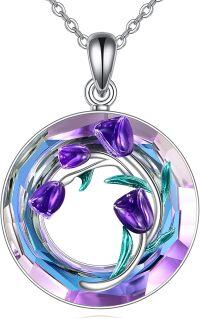 wholesale 925 Sterling Silver Purple Tulips Necklace with Moonstone and Crystal Cross Flower Jewelry for Mother's Day Gifts-purple crystal