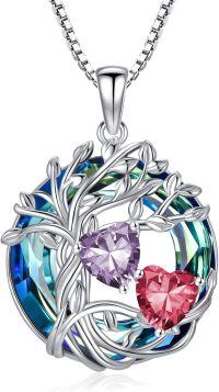 wholesale 18K White Gold Filled Sterling Silver Family Tree Pendant with 2 Heart Birthstones Blue Austrian Crystal Necklace for Women-06-07-Jun-Jul Birthstone