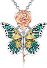 wholesale Sterling Silver Butterfly Rose Flower Necklace with Blue Purple Pink Green Stone-Green-Yellow