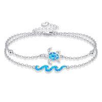wholesale 925 Silver Sea Turtle Wave Blue Opal Platinum Plated Double Layer Chain Bracelet-turtle