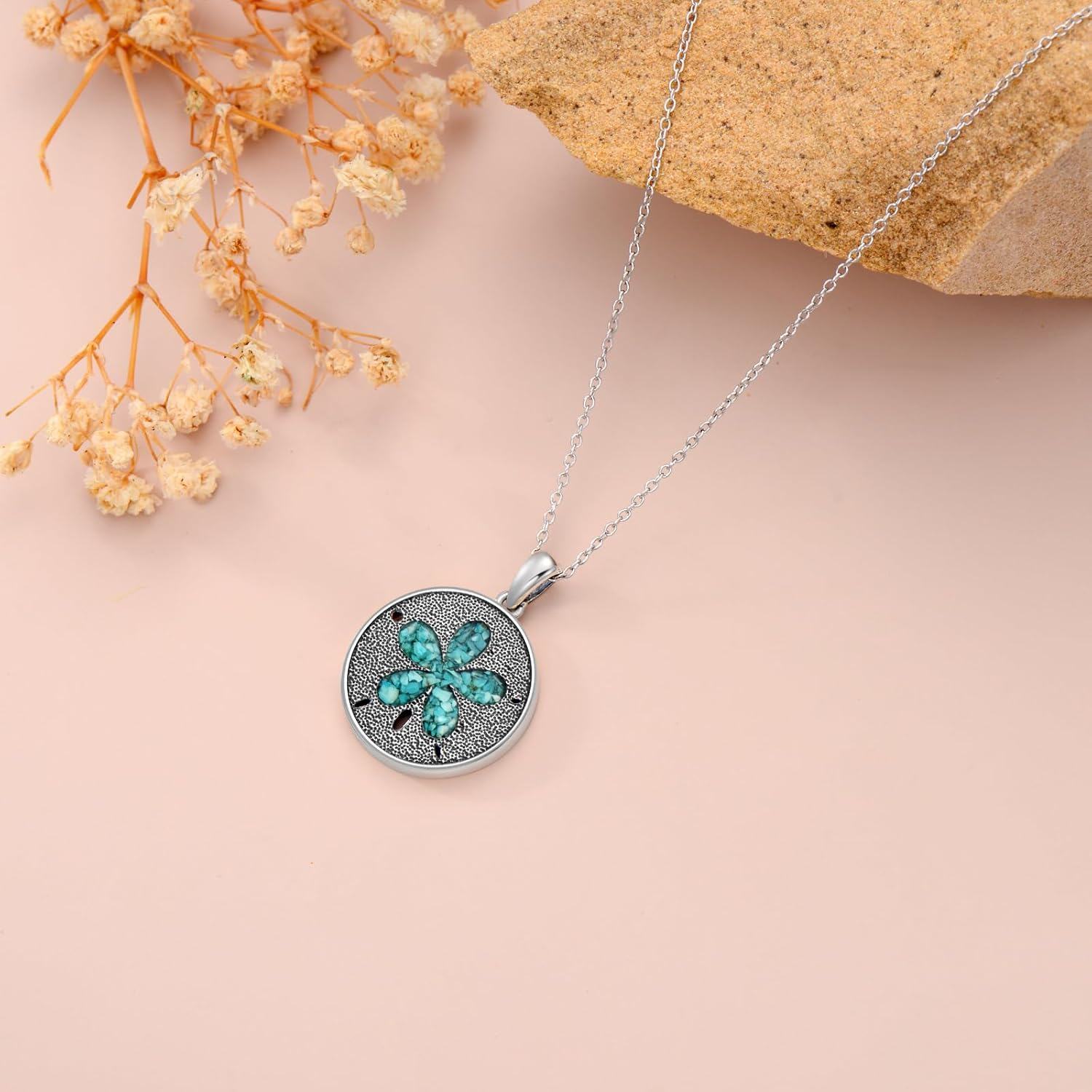 925 Sterling Silver Turquoise Flower Pendant Necklace for Women-0-2