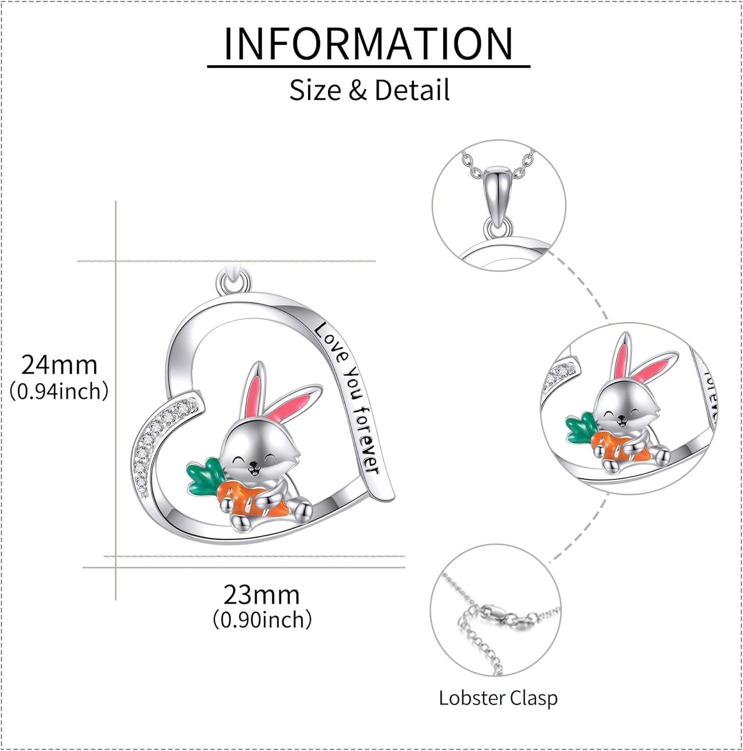 wholesale 925 Sterling Silver Love You Forever Bunny Carrot Heart Pendant Necklace for Women and Girls-0-3