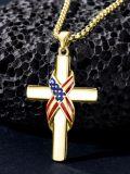 wholesale Gold 925 Sterling Silver American Flag Cross Pendant Necklace  for Men & Women - Protection Amulet Religious Gift w/ 24 Rolo Chain (Gift Included)-0-3