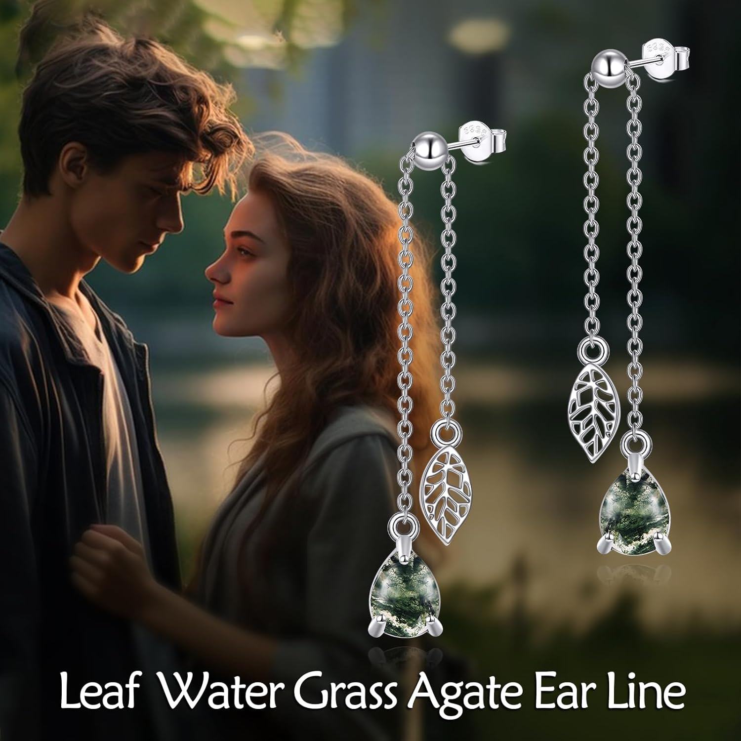 925 Sterling Silver Green Moss Agate Leaf Dangle Threader Earrings for Women-0-2