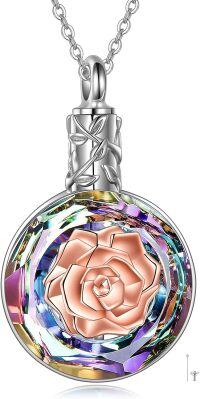 wholesale 925 Sterling Silver Rainbow Crystal Rose Flower Cremation Jewelry Keepsake Pendant Necklace for Ashes-purple crystal