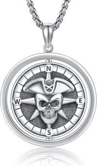 wholesale 925 Sterling Silver Pirate Skull & Compass Pendant Necklace for Men Women s-Black-2