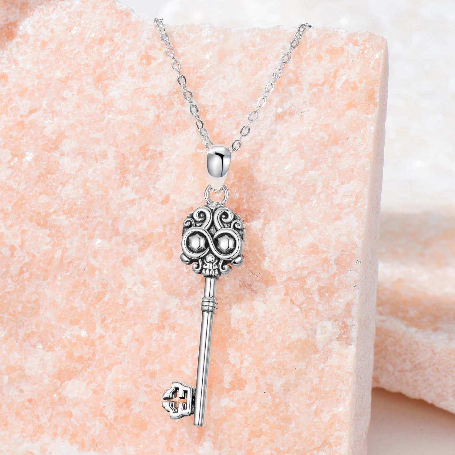 Sterling Silver Key Pendant Necklace with Butterfly Skull Saturn for Women Men-0-3