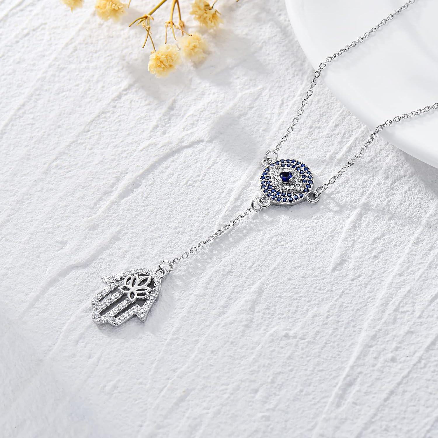 wholesale 925 Sterling Silver Evil Eye Hamsa Hand Lariat Necklace with Blue and White CZ Stones Protection Amulet  for Women-0-3