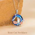 wholesale 925 Sterling Silver Round Blue Crystal Rose Flower Cat Pendant Necklaces for Women Girls Gifts Jewelry Mothers Day Presents-0-3