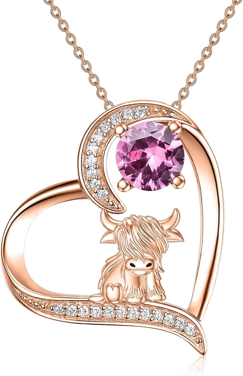 Sterling Silver Highland Cow Birthstone Necklace Jewelry Gifts for Women Girls-2-10--2-10-