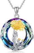 wholesale S925 Sterling Silver & Blue Crystal Sunflower Mother Necklace for Mom Grandma Gift-0-0