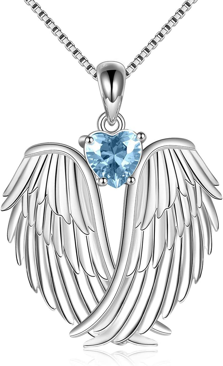 Sterling Silver Birthstone Angel Wings Pendant Necklace-December-Blue