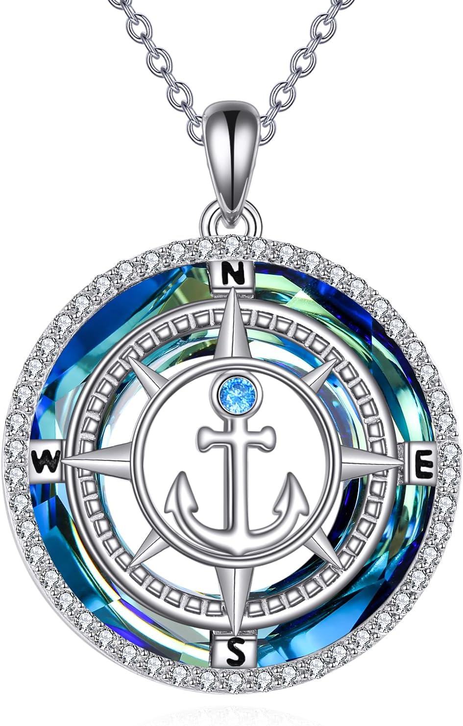 Sterling Silver Opal Abalone Blue Crystal Compass Necklace-0-0