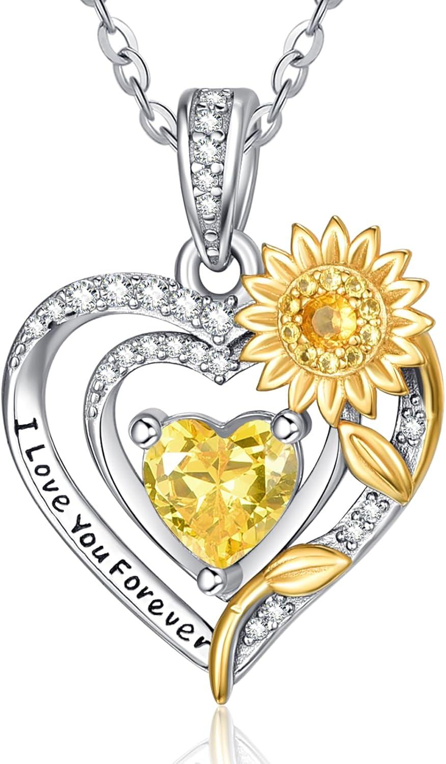 Sterling Silver Sunflower Birthstone Pendant Necklace for Women-11-Nov