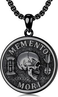 wholesale Sterling Silver Gothic Skull Memento Mori Pendant Necklace 22+2 Inch Chain Stoicism Jewelry Gift for Men Women-Memento Mori-1-Black