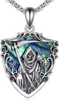 wholesale 925 Sterling Silver Shield Shape Grim Reaper Pendant with Owl and Abalone Shell Protection Amulet Necklace for Men Women Gifts -0-0