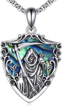 wholesale 925 Sterling Silver Shield Shape Grim Reaper Pendant with Owl and Abalone Shell Protection Amulet Necklace for Men Women Gifts -Santa Muerte