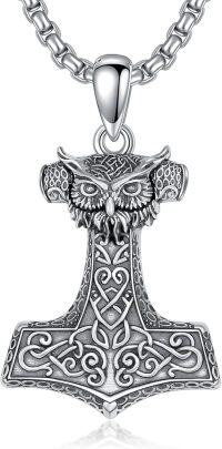 wholesale 925 Sterling Silver Owl Thors Hammer Pendant with Star of David and Wolf Head on 3mm/4MM  Cable Chain for Men & Women (Length: 60CM)-Owl Thor Hammer