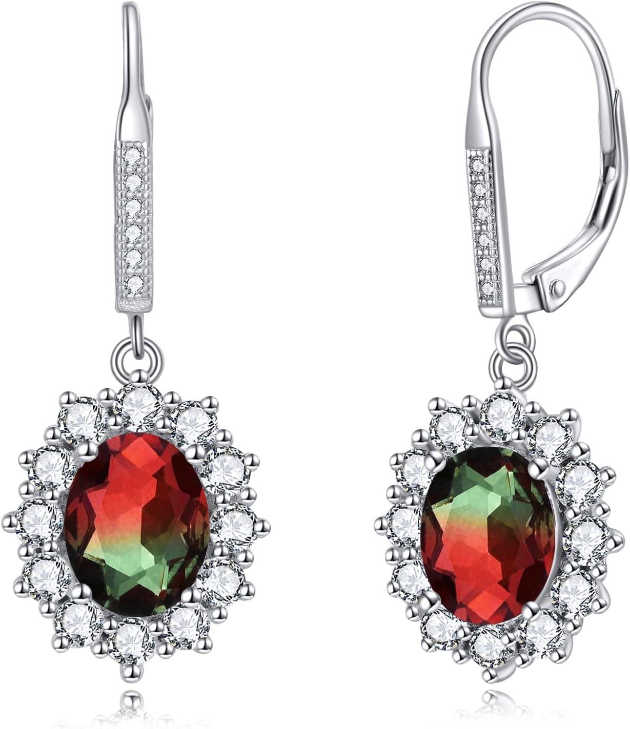 wholesale 925 Sterling Silver Oval Cut Birthstone Dangle Leverback Earrings for Women Mom-Tourmaline Earrings