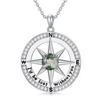 wholesale 925 Sterling Silver Lapis Lazuli Compass Pendant Necklace I'd be lost without you Love Gift for Wife Girlfriend Her Anniversary Birthday-Moss Agate