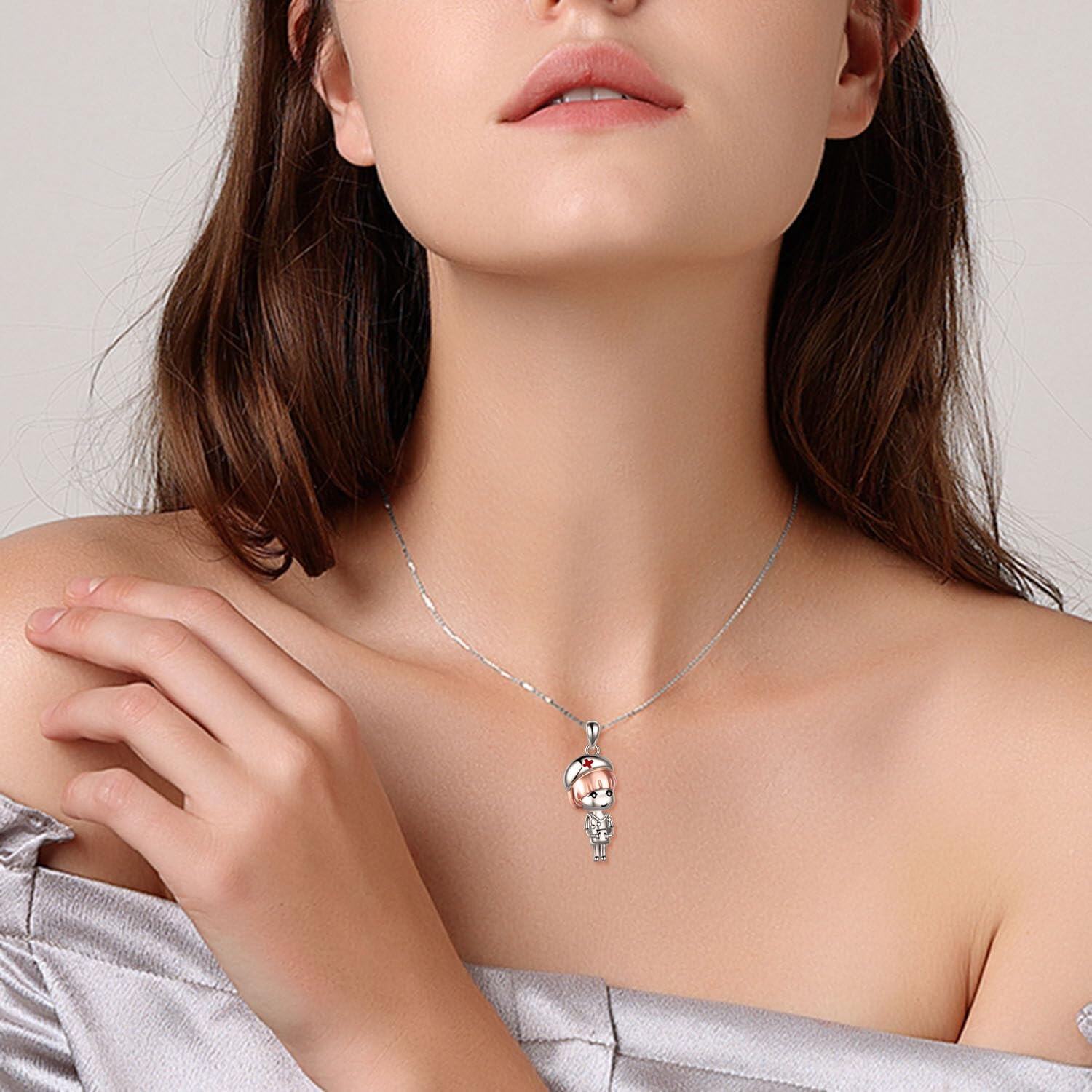 wholesale 925 Sterling Silver Cartoon Nurse Charm Necklace for Women - Nursing Student Pendant s-0-4