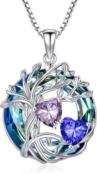 wholesale 18K White Gold Filled Sterling Silver Family Tree Pendant with 2 Heart Birthstones Blue Austrian Crystal Necklace for Women-06-09-Jun-Spet Birthstone