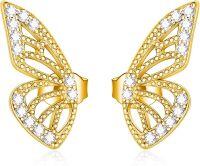 wholesale Gold 925 Sterling Silver CZ Butterfly Stud Earrings with Half Wing Design-B_Gold