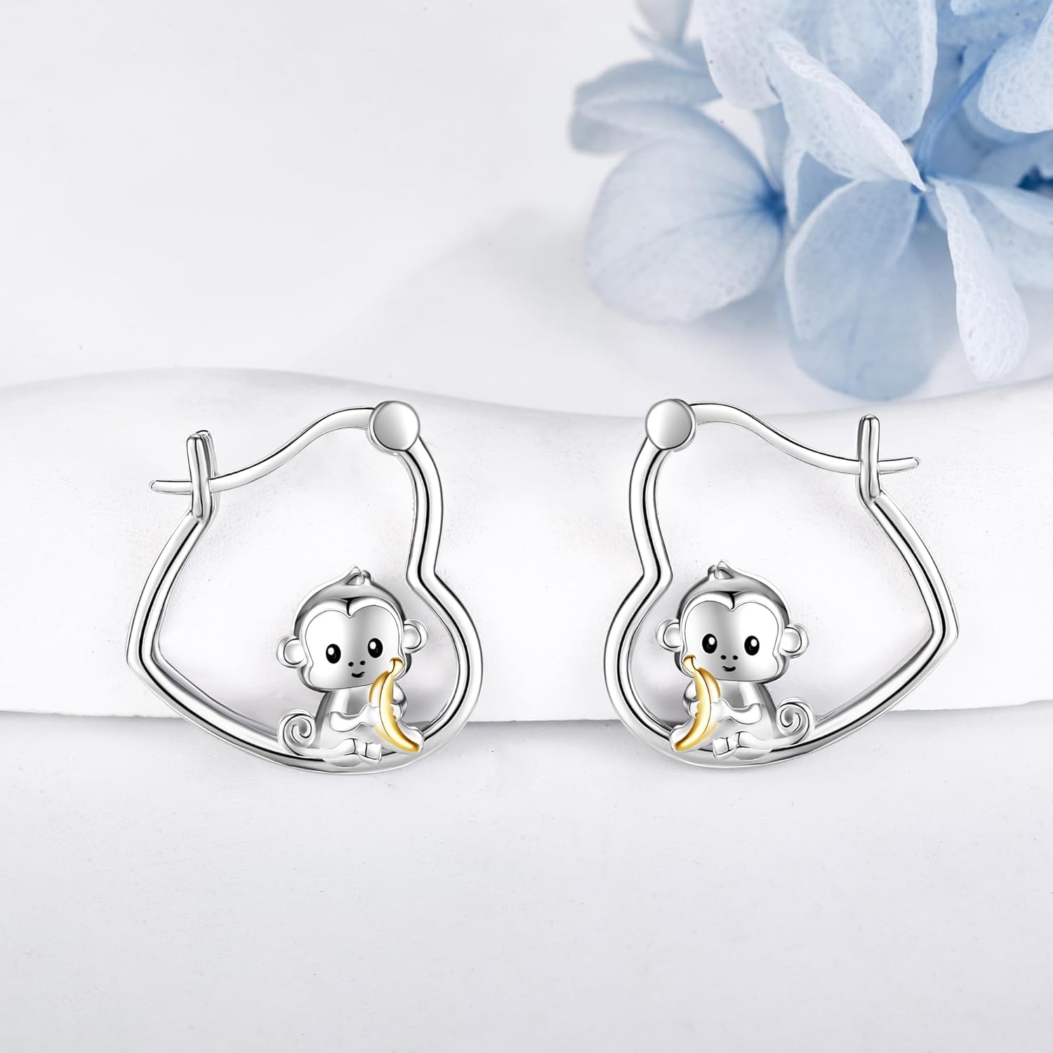 Sterling Silver Monkey Raccoon Banana Earrings Animal Earrings for Girls-0-3