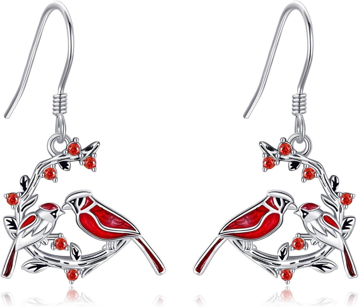 Sterling Silver Animal Earrings Horse Bee Llama Owl Jellyfish Parrot Bunny Duck Penguin Flamingo Paw Print Panda Dolphin Hummingbird for Mom-Cardinal-Cardinal