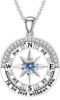 wholesale Sterling Silver Compass Birthstone Necklace  I d Be Lost Without You Pendant Jewelry for Women-Light Blue