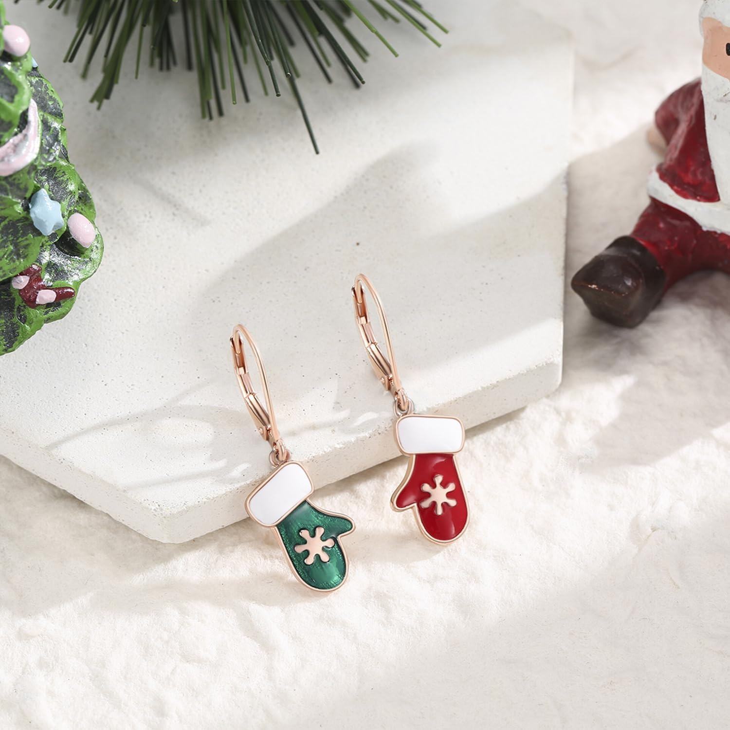 925 Sterling Silver Mitten Dangle Earrings with Red and Green Enamel for Women-0-3