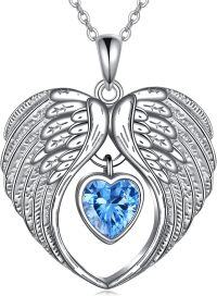wholesale  925 Sterling Silver Blue Simulated Tanzanite Angel Wings Heart Necklace, December Birthstone Pendant Gift for Her-12December-Tanzanite