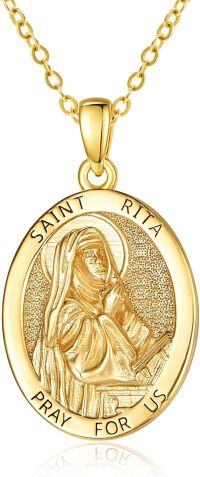 wholesale Gold-Plated 925 Sterling Silver St Rita Medal Necklace with Pray For Us Inscription and 18+2 Chain for Women-Saint Rita