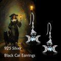 wholesale 925 Sterling Silver Black Cat with Pentagram and Crescent Moon Drop Earrings for Women - Wicca Witchcraft Gothic Jewelry-0-2
