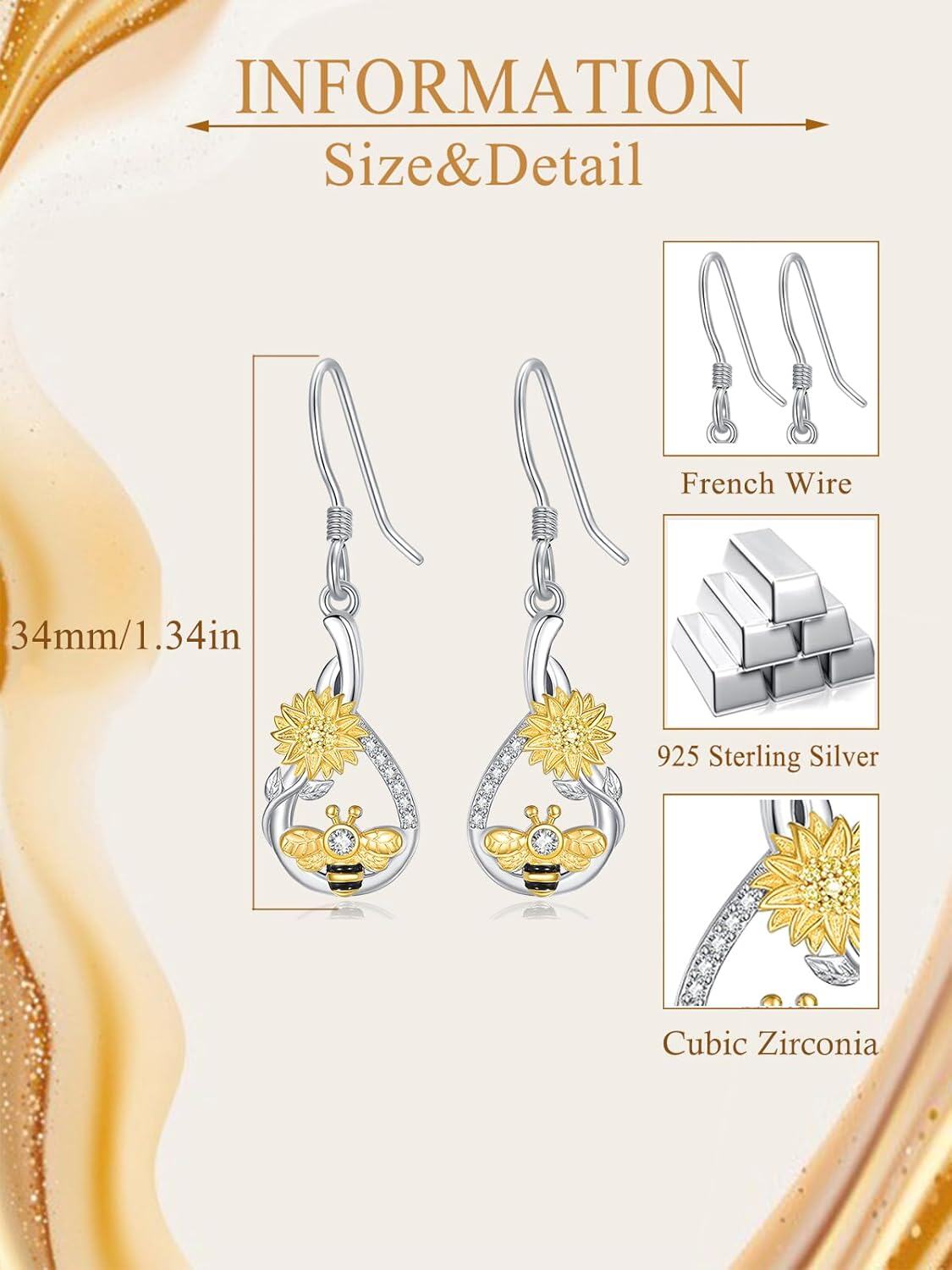 wholesale 925 Sterling Silver AAA Cubic Zirconia Bee Sunflower Dangle Drop Earrings-0-5
